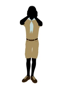 African American Boy Scout silhouette dressed in shorts on a white background