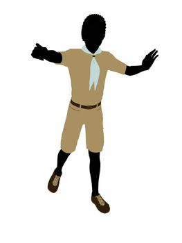 African American Boy Scout silhouette dressed in shorts on a white background