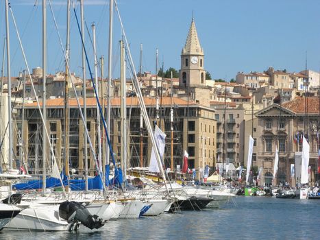 image of Marseille harbor with the Accoules bell tower