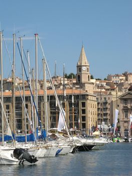 image of Marseille harbor with the Accoules bell tower