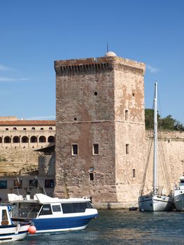 view of Marseille harbor and the tower of Saint-Jean, fort