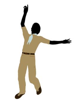 African American Boy Scout silhouette dressed in pants on a white background
