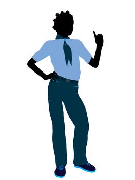 African American Girl Scout silhouette dressed in pants on a white background