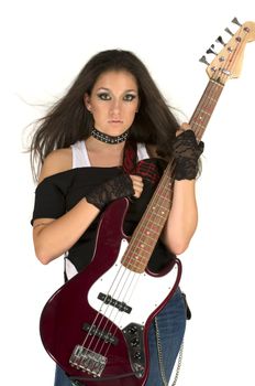 Rock star with beautiful make up playing guitar 