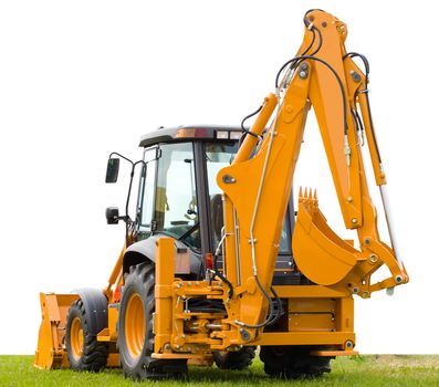 yellow backhoe on green grass, isolated over white background