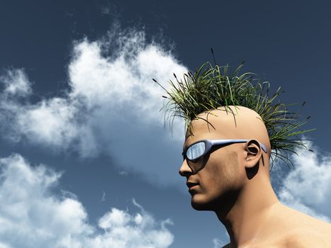 human head with grass mohawk hair - 3d illustration
