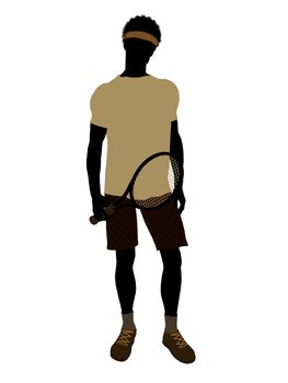 African American tennis player art illustration silhouette on a white background