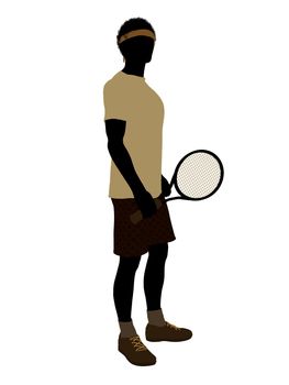African American tennis player art illustration silhouette on a white background