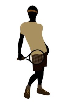 African American tennis player art illustration silhouette on a white background