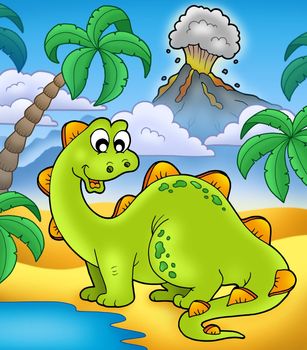 Cute dinosaur with volcano - color illustration.