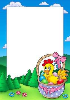 Easter frame with basket and chicken - color illustration.