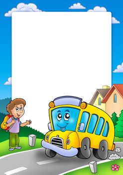 Frame with school bus and boy - color illustration.