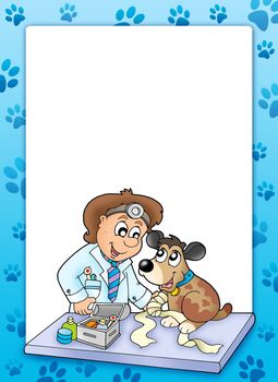 Frame with sick dog at veterinarian - color illustration.