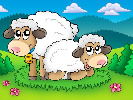 Pair of cute sheep on meadow - color illustration.