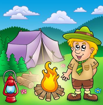Small scout with fire and tent - color illustration.