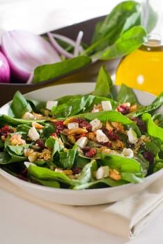 plate of fresh colorfull spinach salad close up