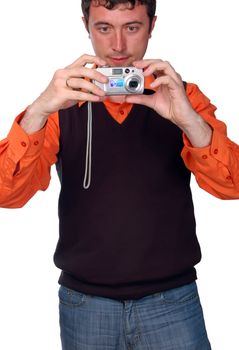 young man tacking photo at camera