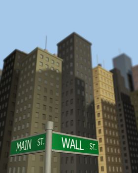 Signs to Wall St. and Main St. with buildings in the background.