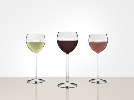 Wine glasses with 3 different types of wine.