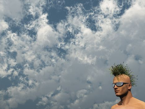 human head with grass mohawk hair - 3d illustration