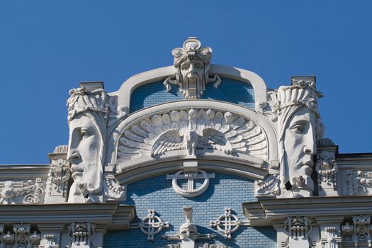Detail of Art Nouveau (Jugenstil) building in The historic center of Riga, Latvia.