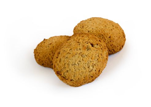 Three oatmeal cookies with raisins isolated on a white background with shadow. Clipping path included.