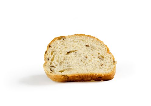 Slice of cereal bread isolated on white with shadow. Clipping path included to remove object shadow or replace background.