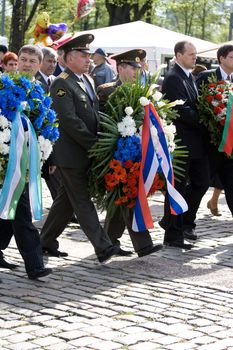 Celebration of May 9 Victory Day (Eastern Europe) in Riga at Victory Memorial to Soviet Army