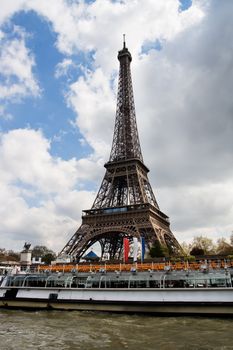 View at Eiffel tower across the Seine River from boat
