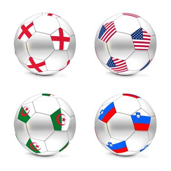 four footballs/soccer balls with the flags of England, USA, Algeria and Slovenia - world championship South Africa 2010 group C