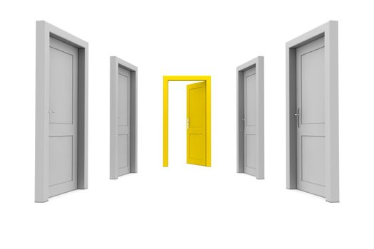 abstract hallway with gray doors - one yellow door open at the end of the corridor