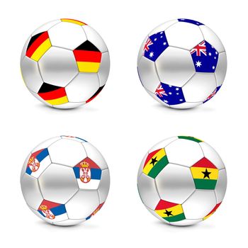 four footballs/soccer balls with the flags of Germany, Australia, Serbia and Ghana - world championship South Africa 2010 group D