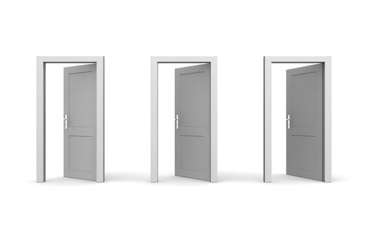 line of three grey doors - door and door frame, no walls - all doors open