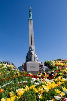 Monument of freedom in Riga, Latvia in background. In front fragment of map of country made from flowers made in honour of celebration of independence day