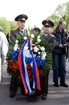 Representatives of the Embassies of Russian Federation participating in flower laying ceremony.Celebration of May 9 Victory Day (Eastern Europe) in Riga at Victory Memorial to Soviet Army.