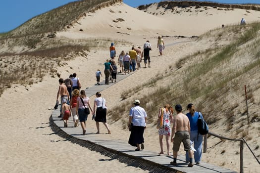 Large group of tourists walking on wooden pathway