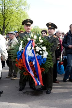 Representatives of the Embassies of Russian Federation participating in flower laying ceremony.Celebration of May 9 Victory Day (Eastern Europe) in Riga at Victory Memorial to Soviet Army.
