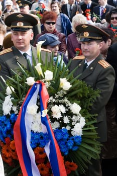 Celebration of May 9 Victory Day (Eastern Europe) in Riga at Victory Memorial to Soviet Army. Representatives of the Embassies of Russian Federation participating in flower laying ceremony.