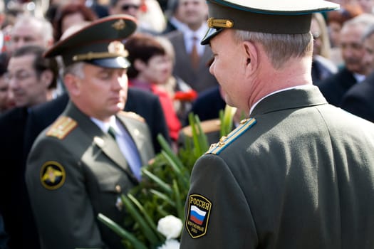 Representatives of the Embassies of Russian Federation participating in flower laying ceremony.Celebration of May 9 Victory Day (Eastern Europe) in Riga at Victory Memorial to Soviet Army.