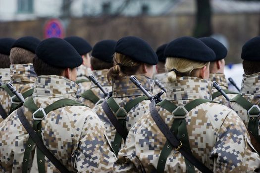 Latvian soldiers at the Military parade of the National Armed Forces at the embankment of the 11th November. 89th anniversary of establishment of the Republic of Latvia