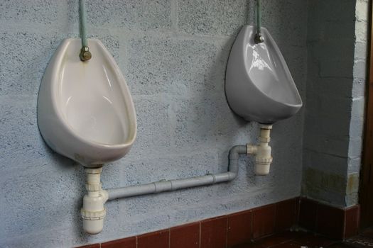 Two porcelain urinals on blue wall in men restroom