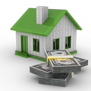 Small house and cash on white background. Isolated 3D image