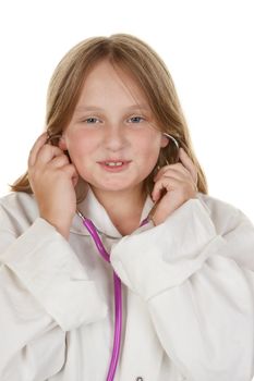 young girl pretending to be a doctor isolated on white