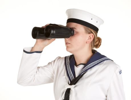 young female sailor with binoculars isolated on white