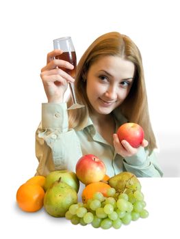 young Girl with fruits on white. Isolated