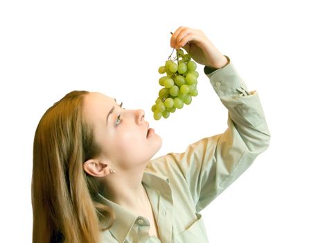 young Girl with fruits on white. Isolated