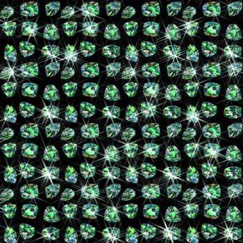 lots of shiny green emerald gemstones on a black background
