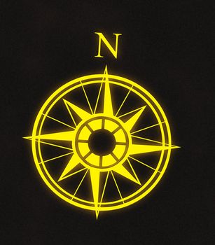 great glowing yellow north arrow and compass on mottled black background