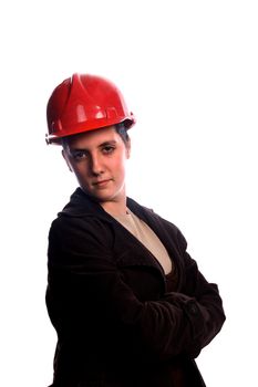 young woman architect over white background