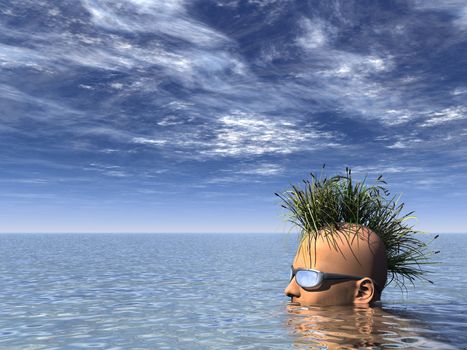human head with grass mohawk hair in water - 3d illustration